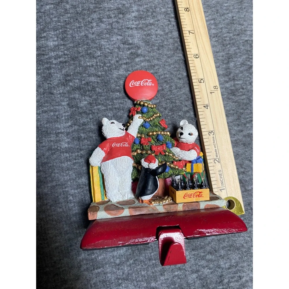 Vintage 1997 Coca-Cola Polar Bear Christmas Tree Stocking Holder Cast Iron Base